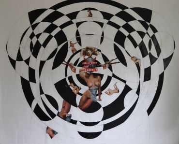 Abstract circular pattern with fragmented human images.