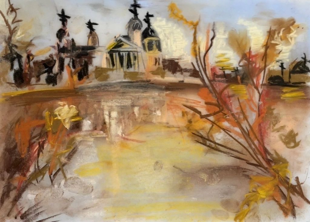 Abstract painting of a cityscape with autumnal colors and church domes.