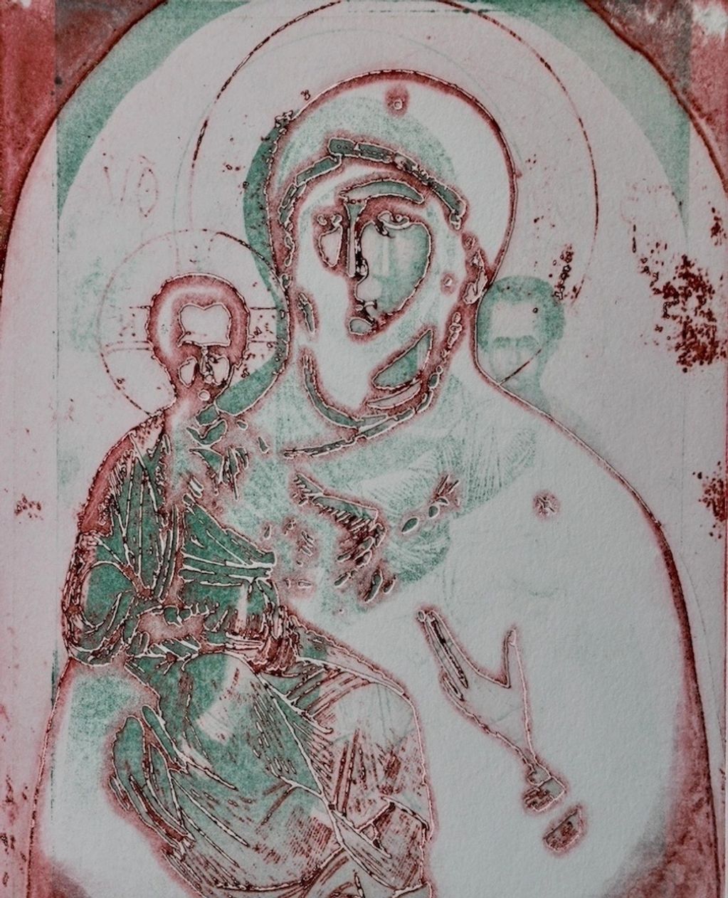 Faded religious icon depicting a saint and child with halos.