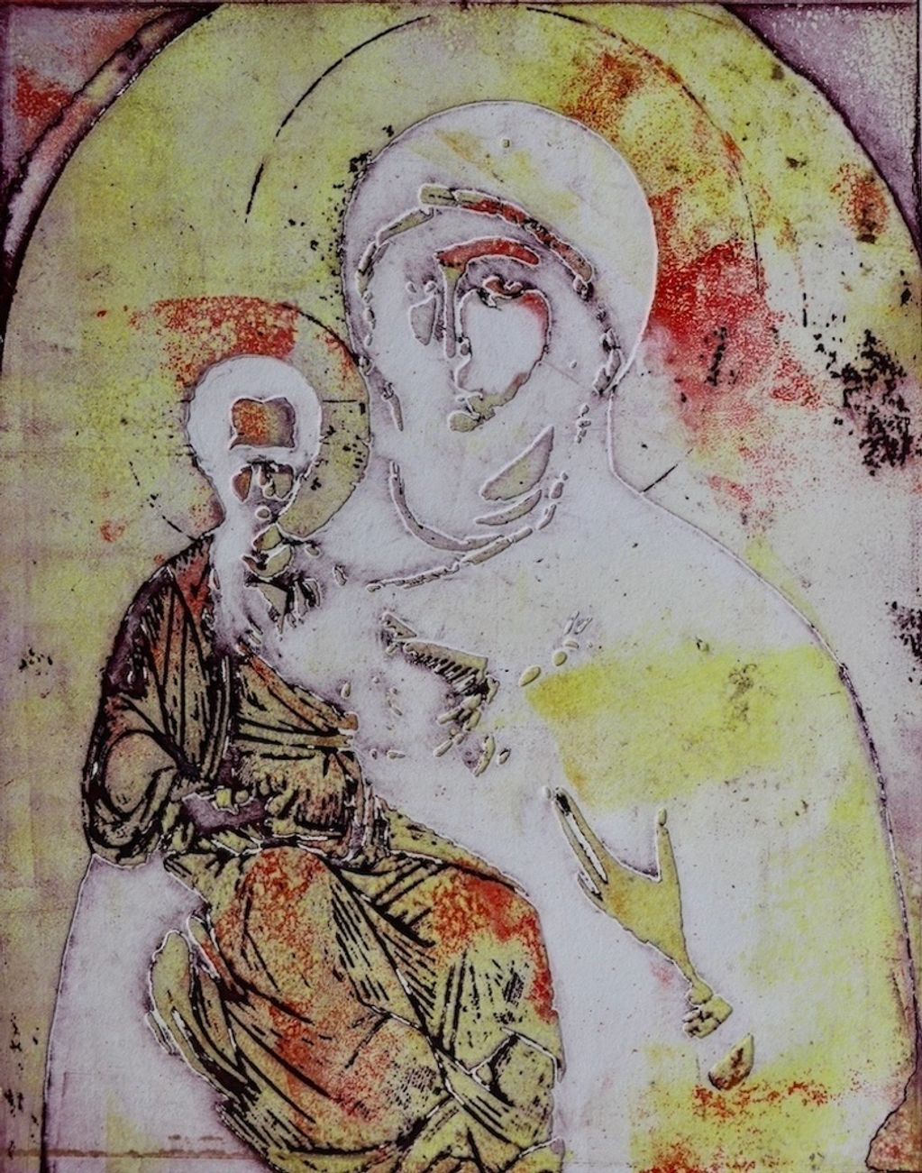 Abstract religious artwork of Mary holding baby Jesus with halos.