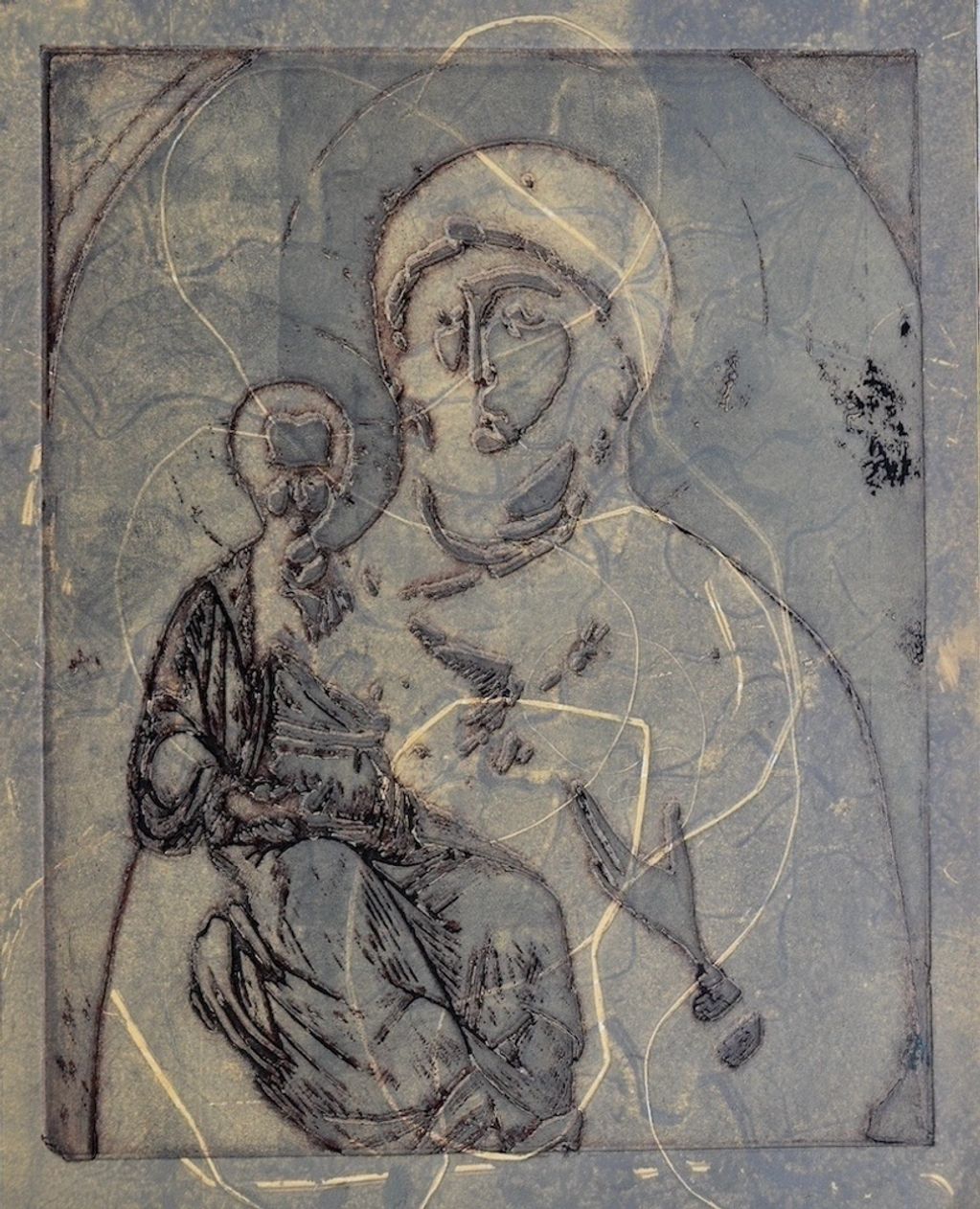 Etching of Madonna and Child with halos on a textured stone surface.