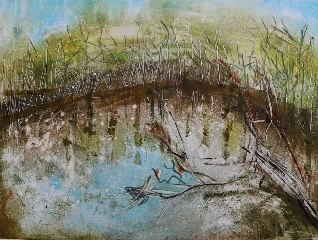 Abstract painting of a pond with reflections and bare trees.
