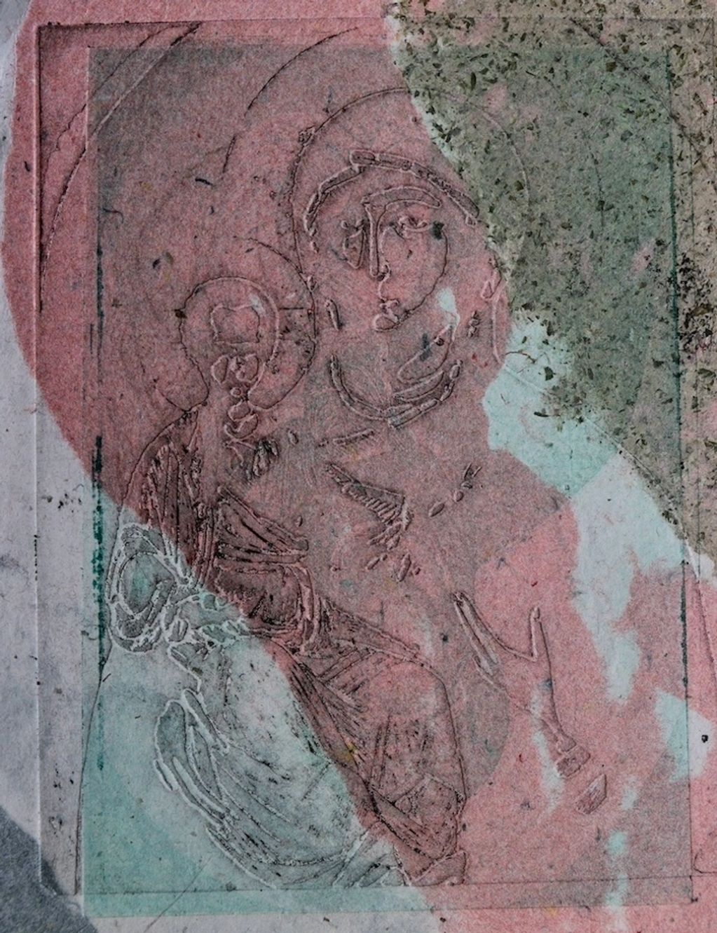 Faded religious icon sketch with pastel color overlays on textured surface.