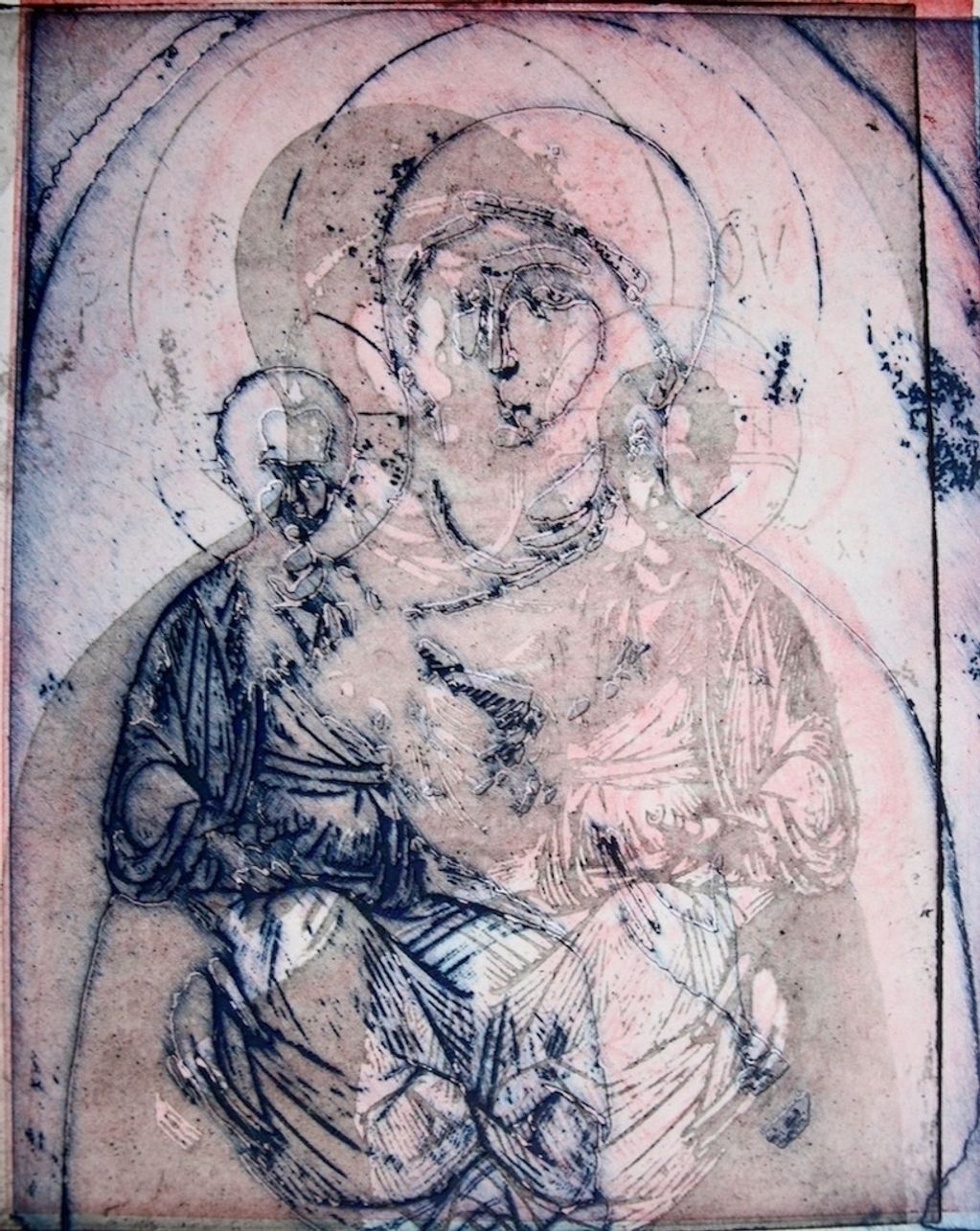 Abstract religious sketch of Madonna and Child with halos and detailed robes.