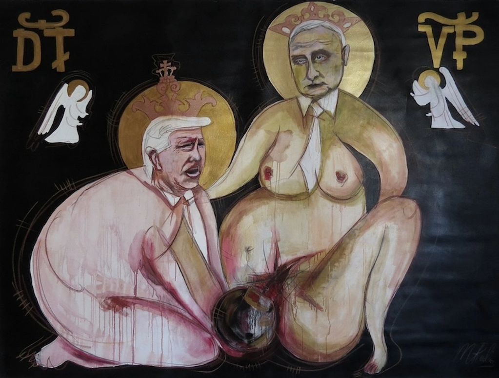 A provocative political artwork depicting two figures with halos and crowns, blending religious iconography with controversial imagery.