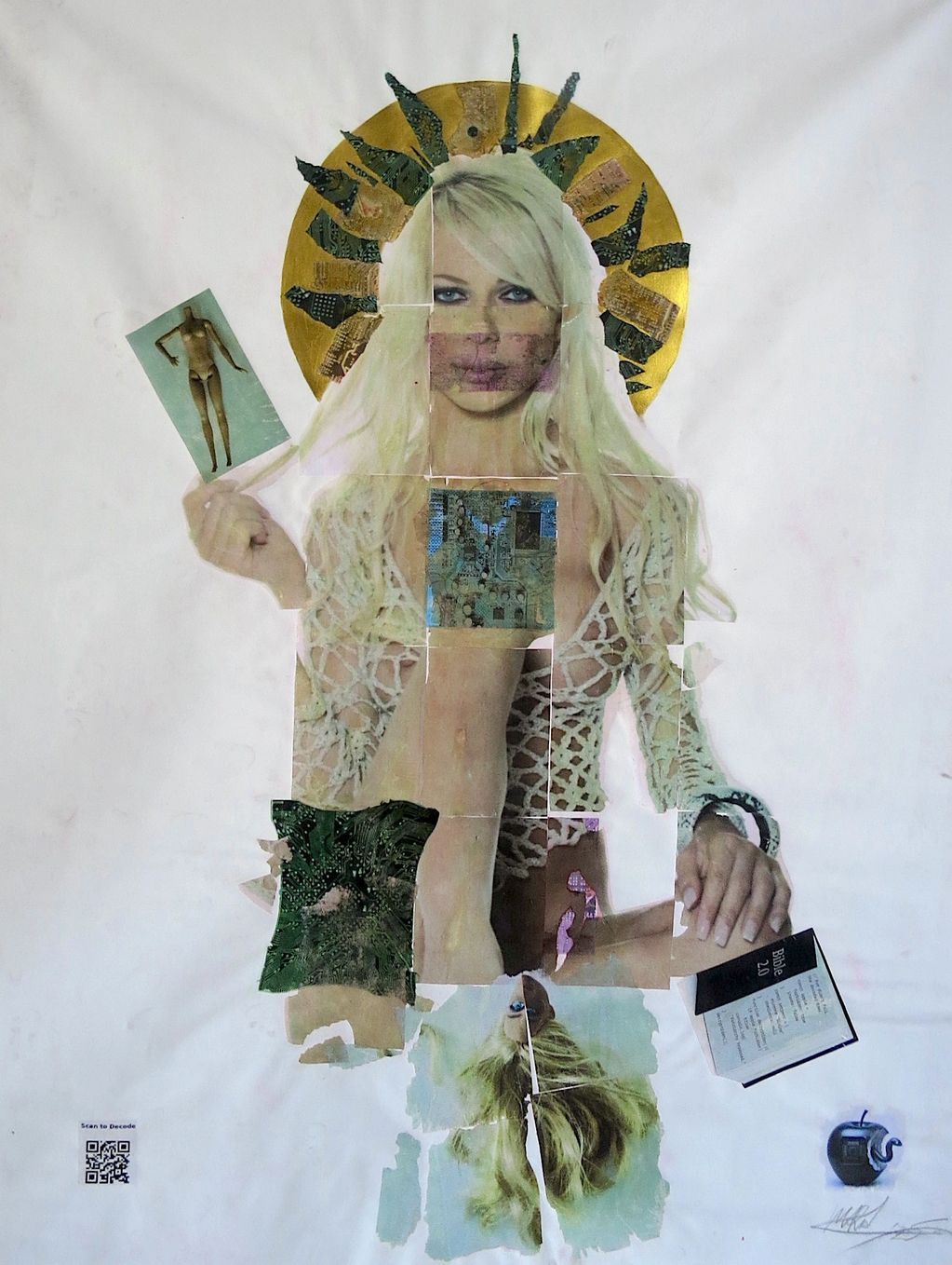 Collage of a blonde woman with a golden halo, holding a doll photo and a Bible, with fragmented and abstract elements.