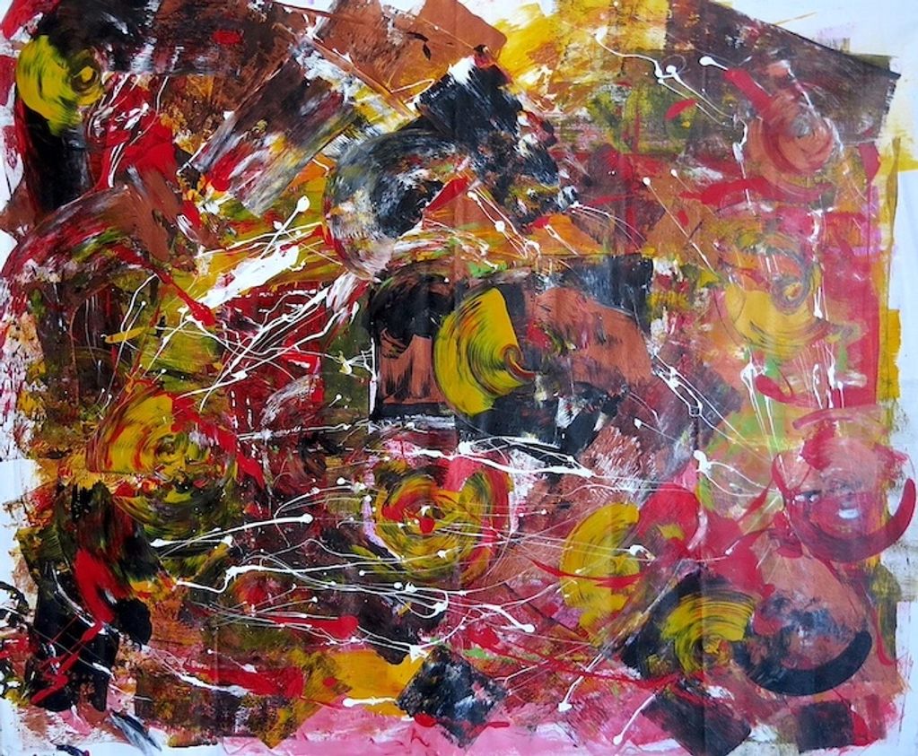 Vibrant abstract painting with dynamic swirls and splatters in warm colors.