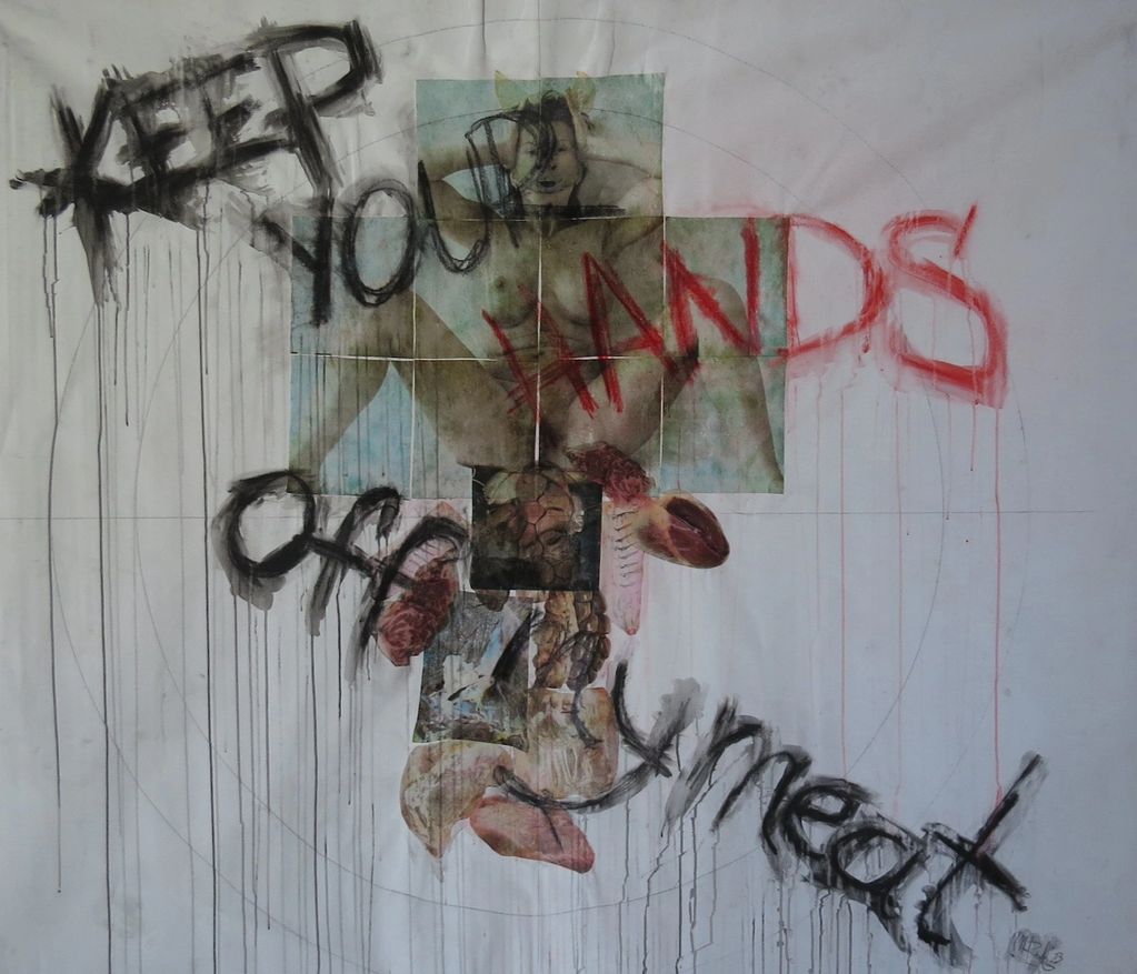 Graffiti art with disturbing collage and the message 'Keep your hands off my meat'.