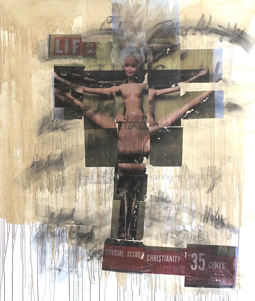 Mixed media artwork featuring a Barbie doll crucified like Jesus on a collage background.