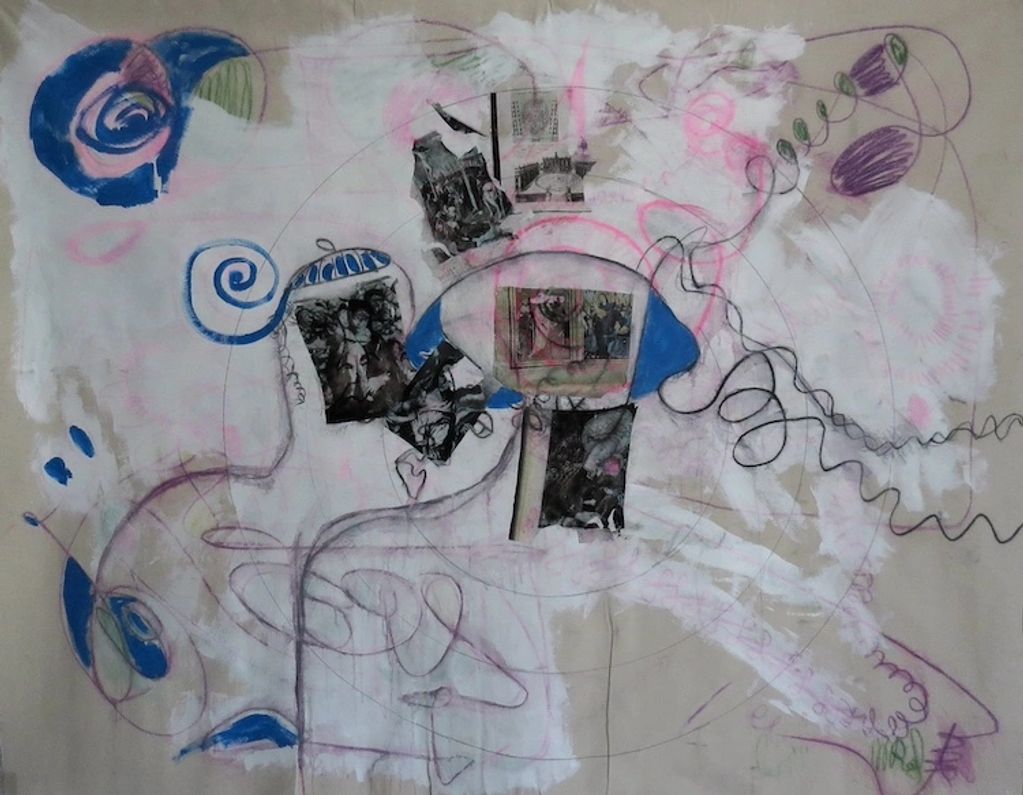 Abstract mixed media artwork with spirals, photos, and blue and purple accents.