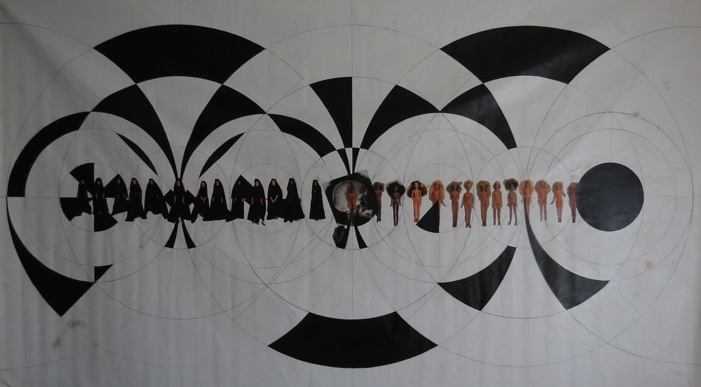 Artistic progression from covered to nude female figures with black geometric patterns.