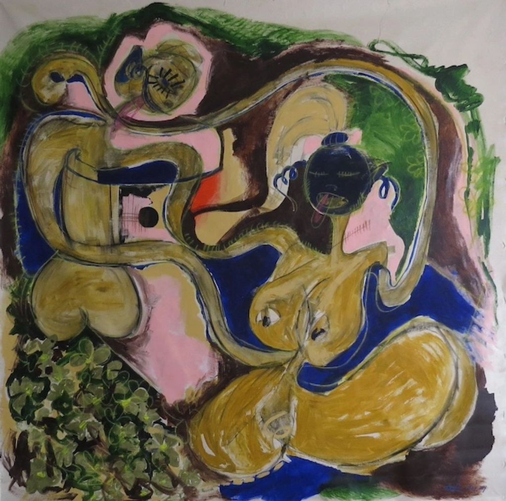Abstract painting with intertwined figures and vibrant colors.