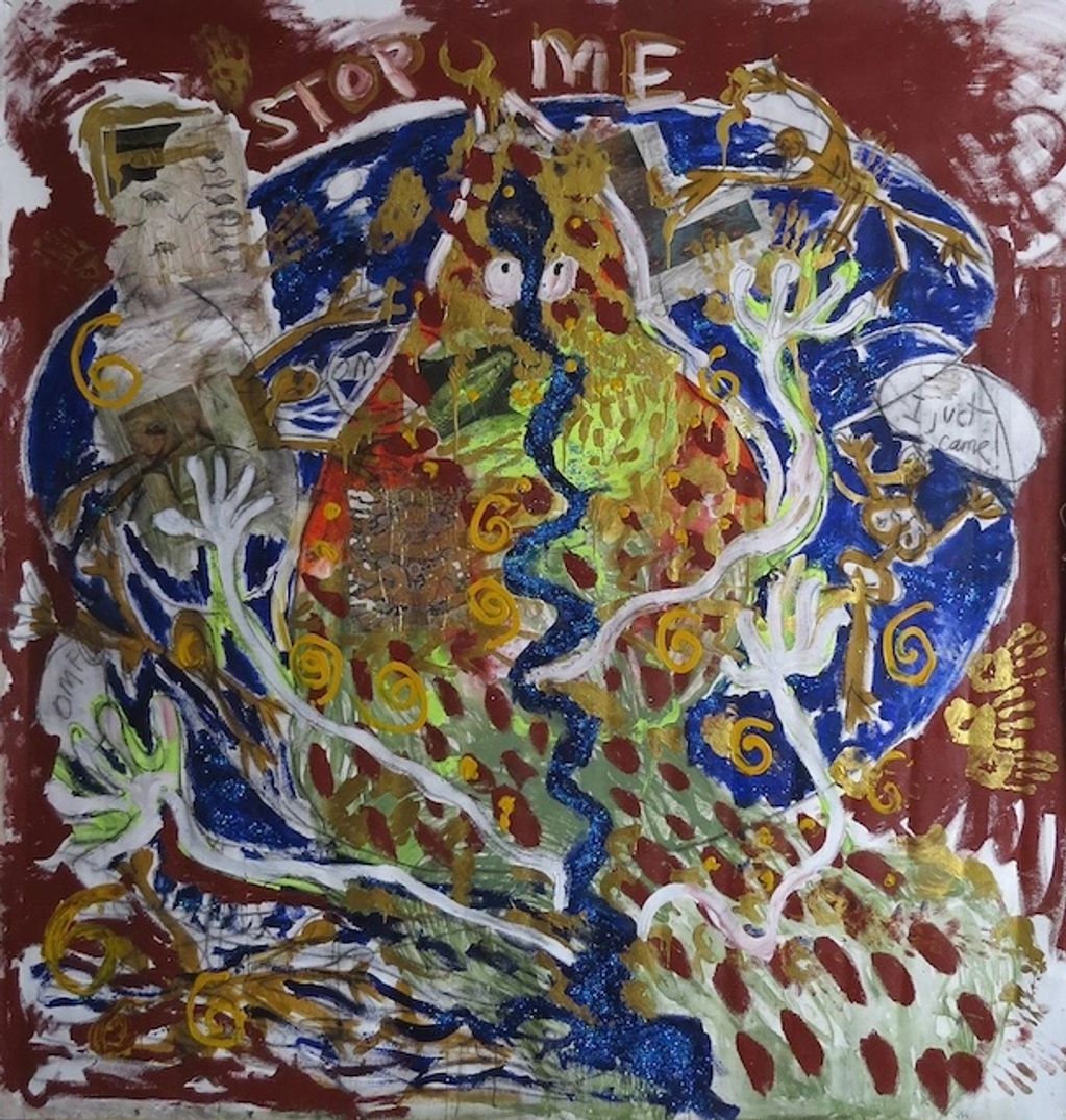 Abstract painting with vibrant colors and the phrase "STOP ME".