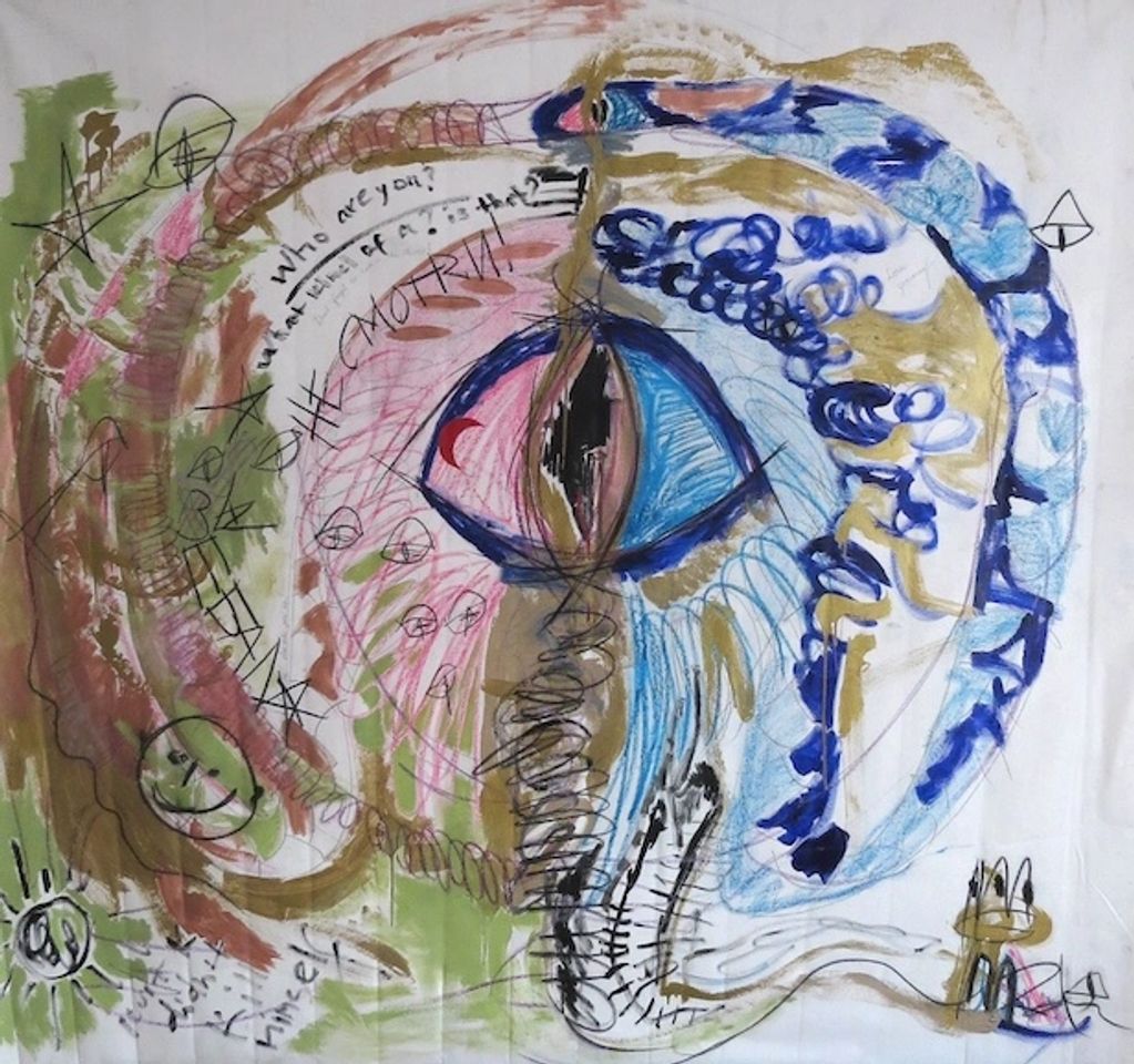 Abstract mixed media face with a large eye and scribbled text.