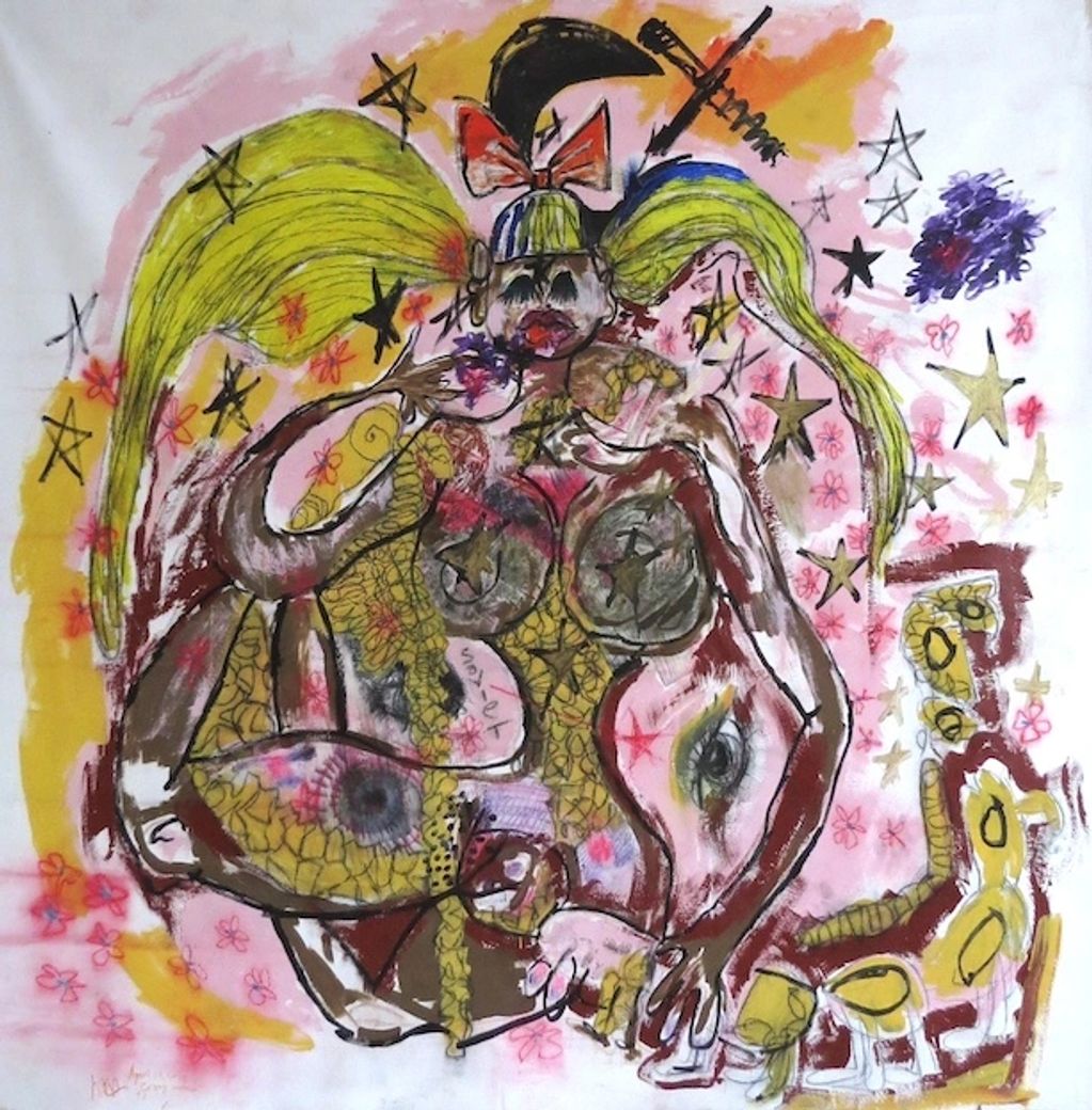 Abstract colorful painting of a figure with yellow hair and star motifs.