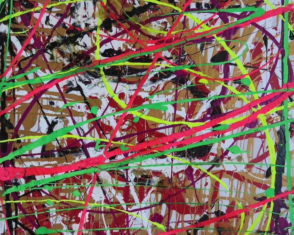 Colorful abstract painting with vibrant splashes and lines.