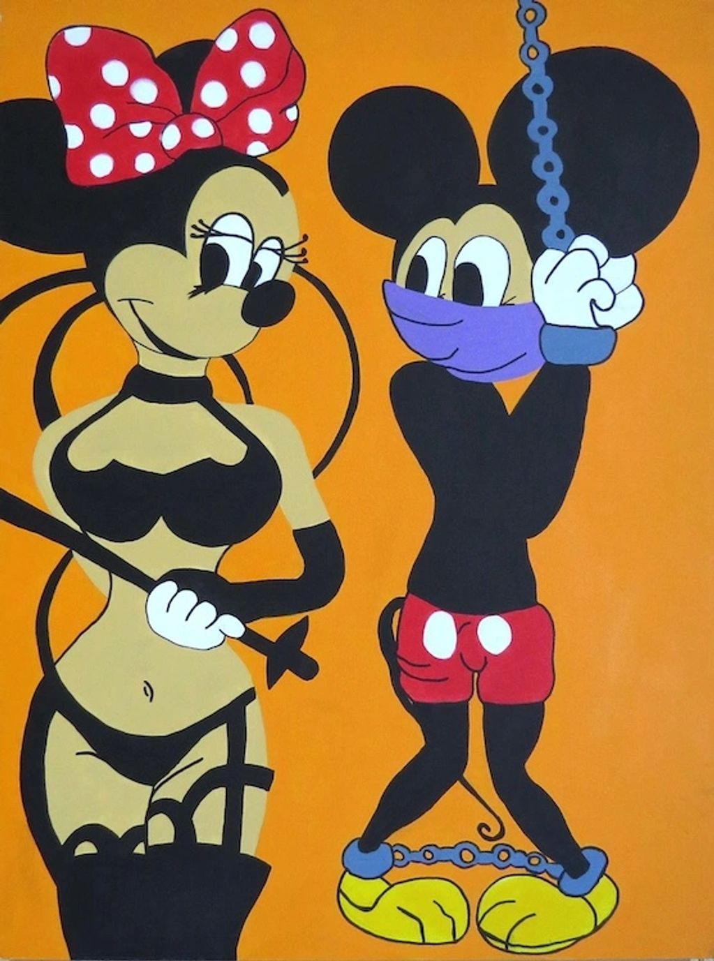 Minnie Mouse in lingerie holding a whip, Mickey Mouse bound and masked, on an orange background.