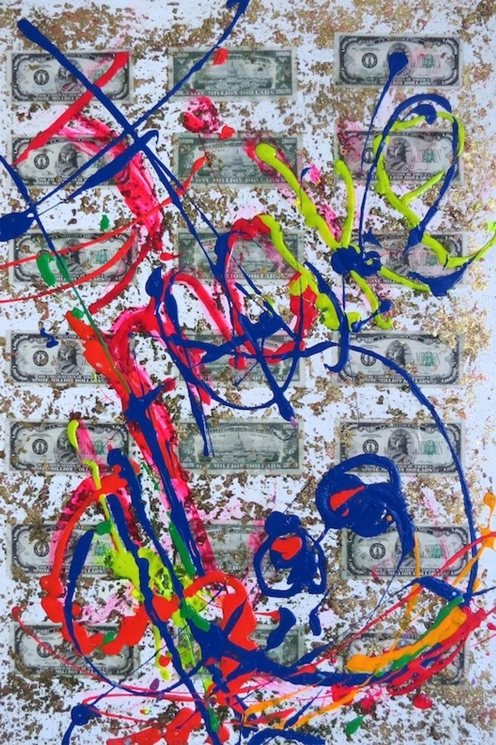 Abstract art with dollar bills, gold flakes, and colorful paint splashes.