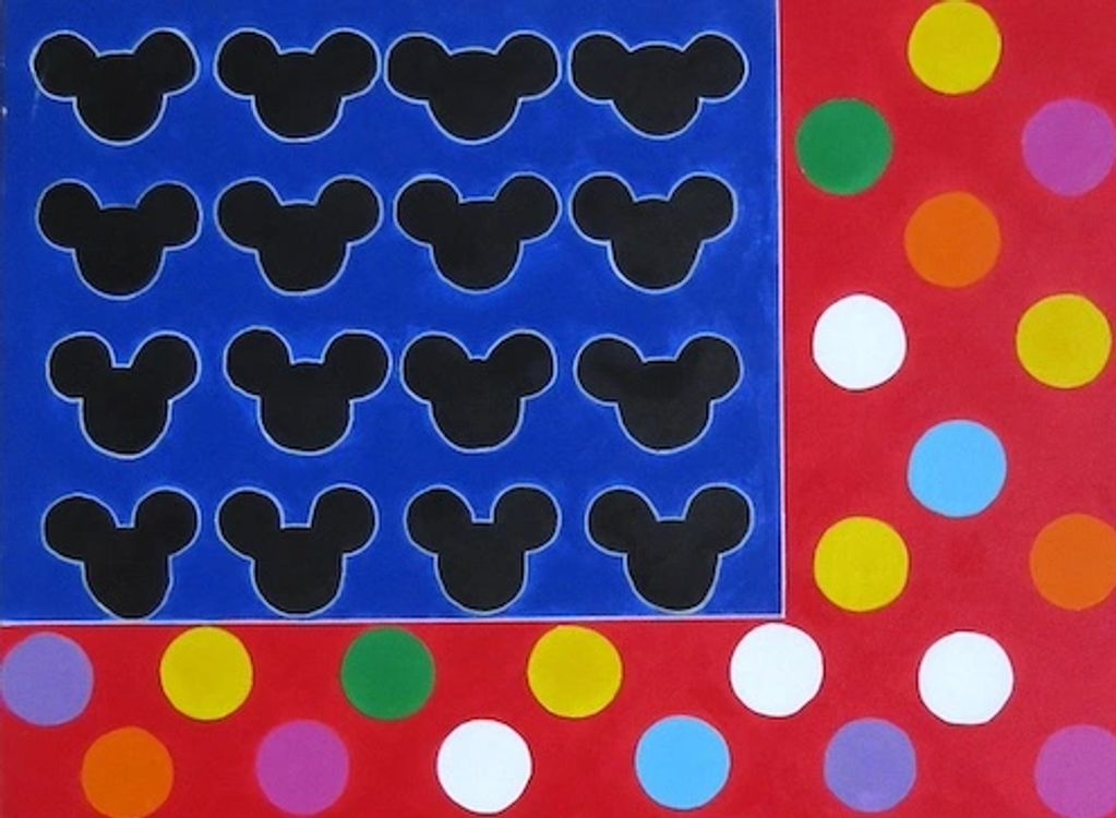 Artistic flag with Mickey Mouse silhouettes and colorful dots.