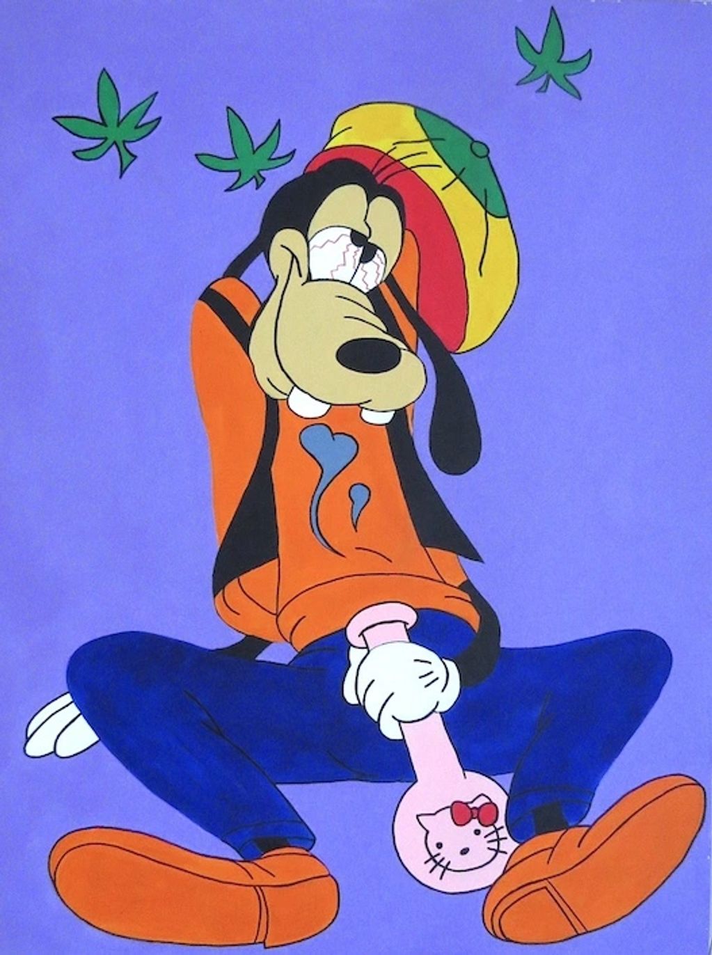 Goofy character with red eyes and a colorful hat holding a Hello Kitty bong.
