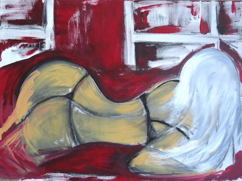 Abstract painting of a woman with white hair lying down on a red background.