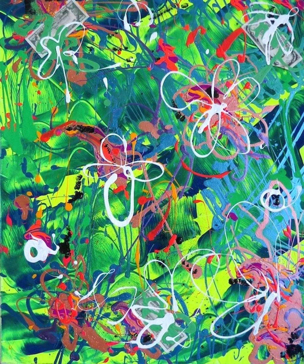 Vibrant abstract painting with colorful splashes and white flower-like shapes.