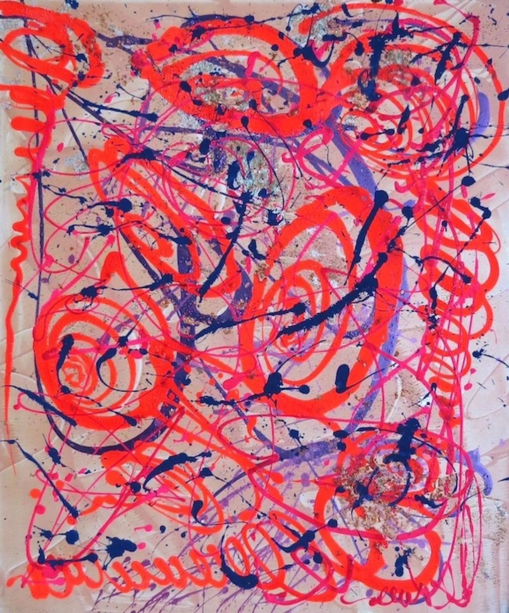 Vivid abstract painting with neon red, purple, and blue swirls and splatters on a beige background.
