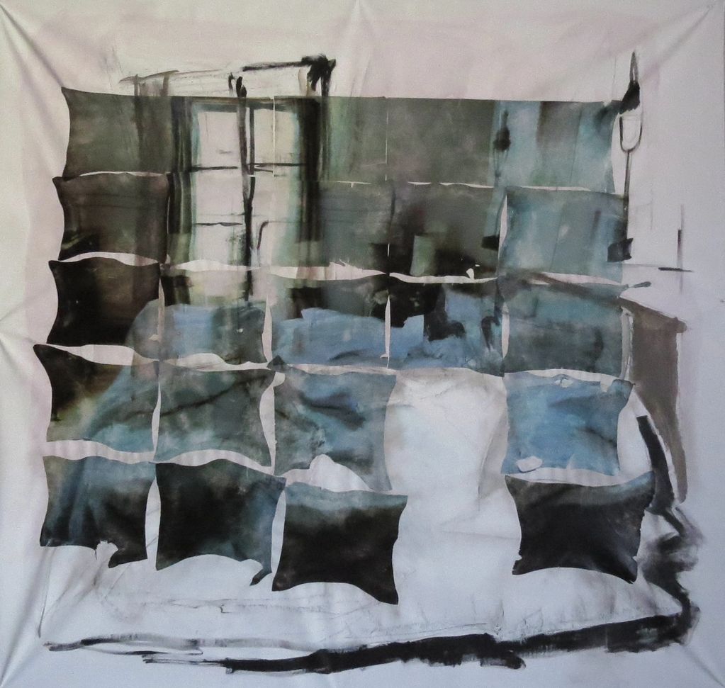 Abstract painting resembling a window with a grid of dark and light patches.