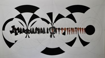 Abstract artwork with black shapes and human figures.