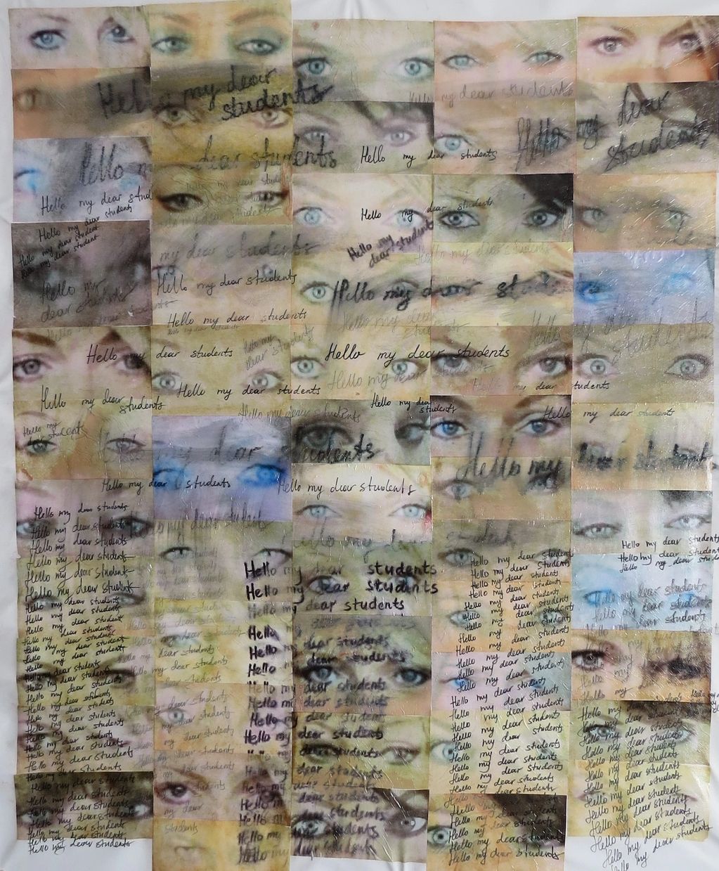Collage of eyes with handwritten messages saying 'Hello my dear students'.