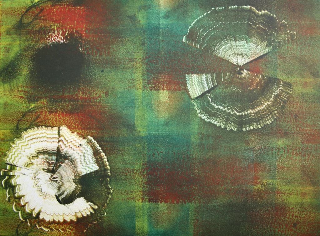 Abstract artwork with circular patterns on textured green and red background.