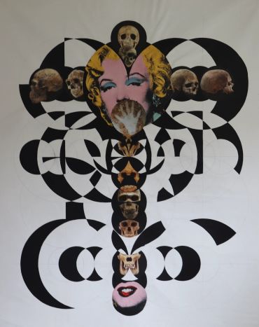 Abstract collage of skulls and a stylized female face.