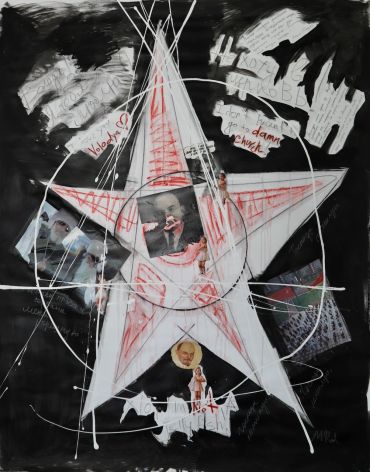 Mixed media artwork with a red star and various collage elements on black background.