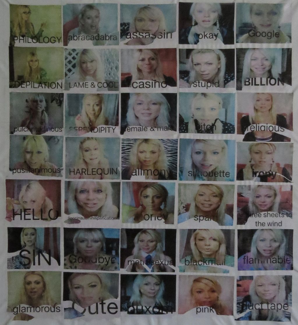 Collage of a blonde woman with various words overlaid on each photo.