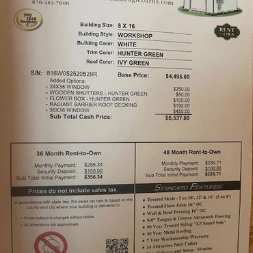 Workshop building details with pricing and rent-to-own options.