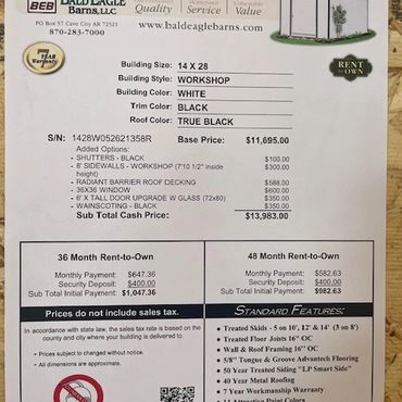Workshop barn specifications and pricing details.