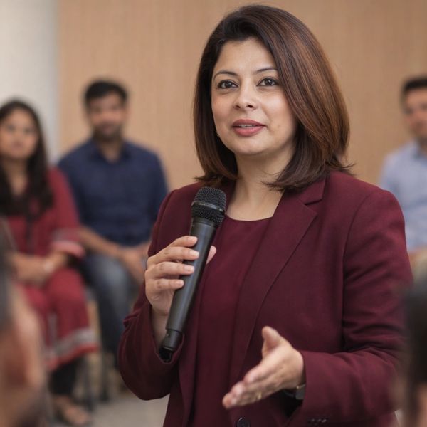 Ruchi addressing a group of new managers in a corporate setting 
