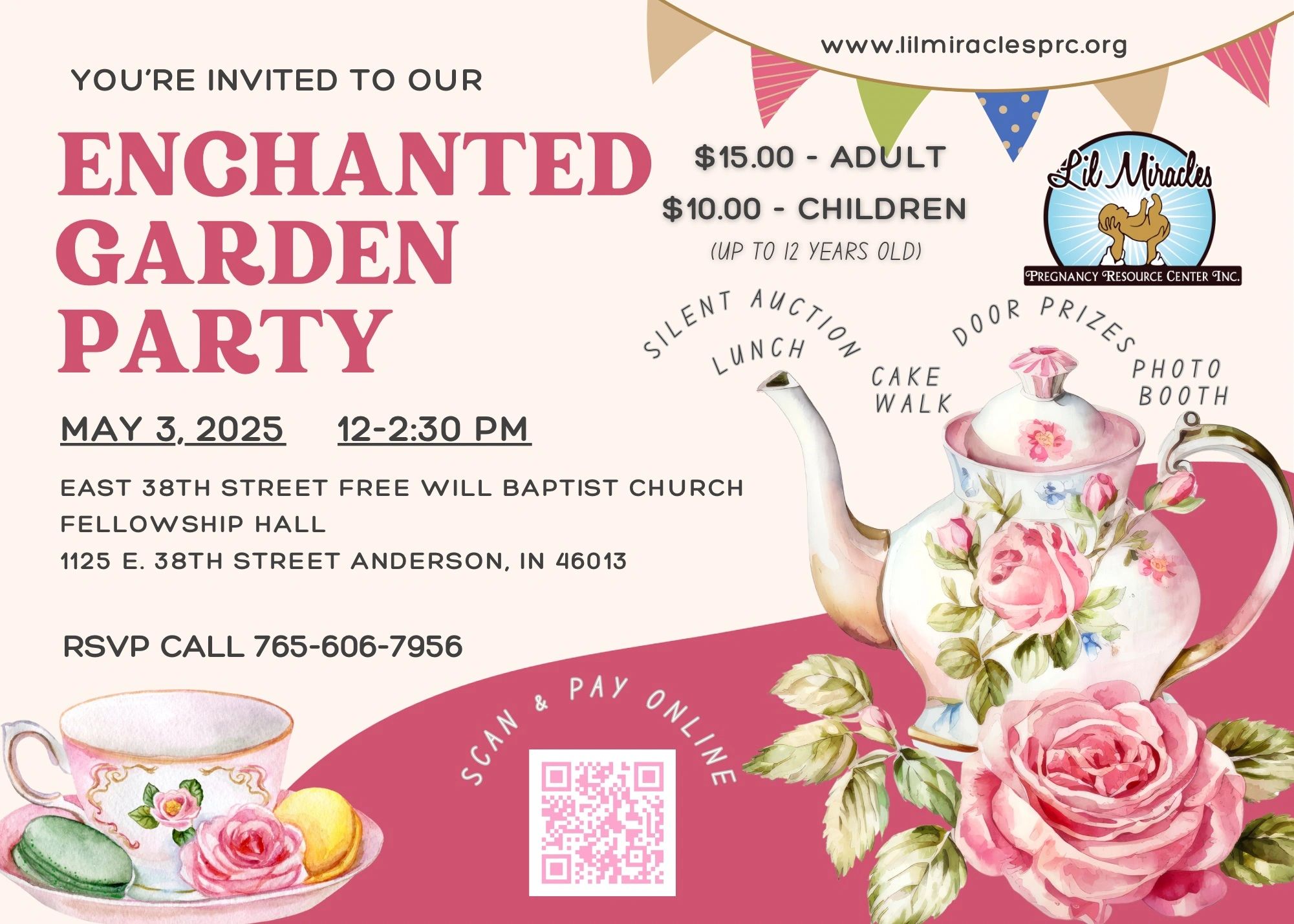 A flyer in pastel colors with a tea pot and cup for our Enchanted Garden Party on May 3, 2025.