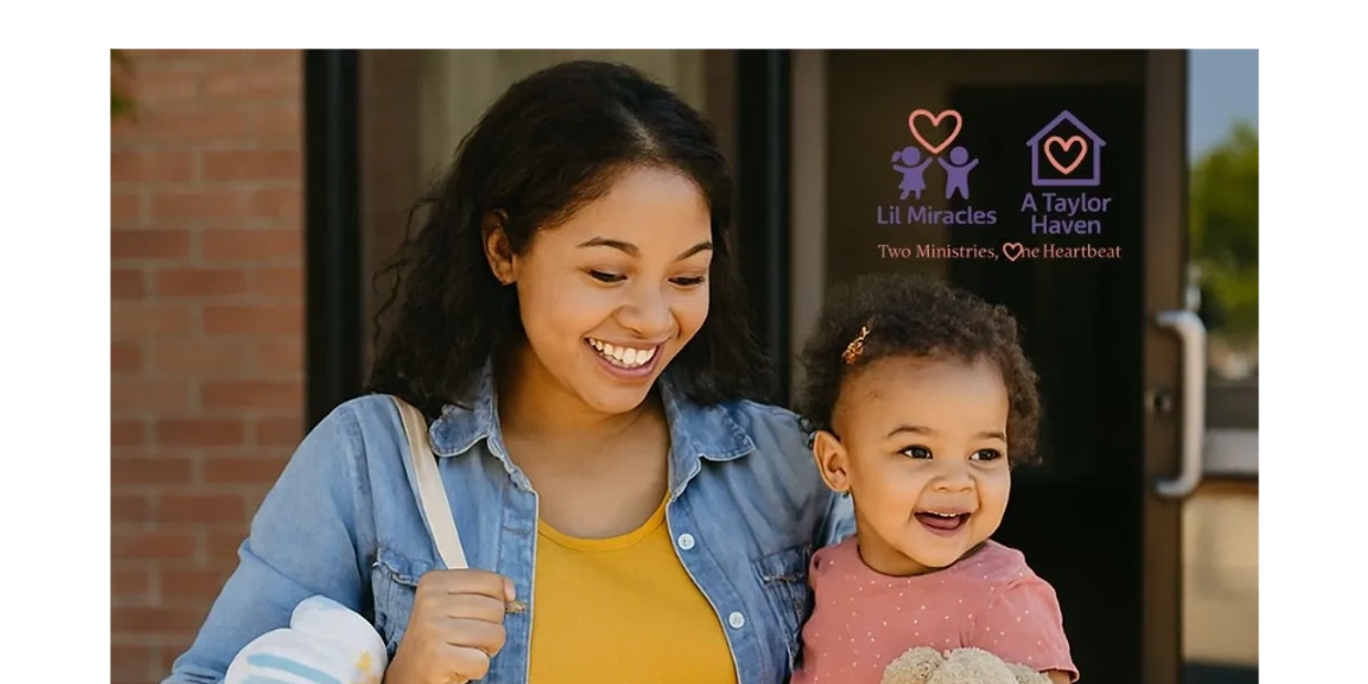 Happy mother and child with a teddy bear, symbolizing support and safety.