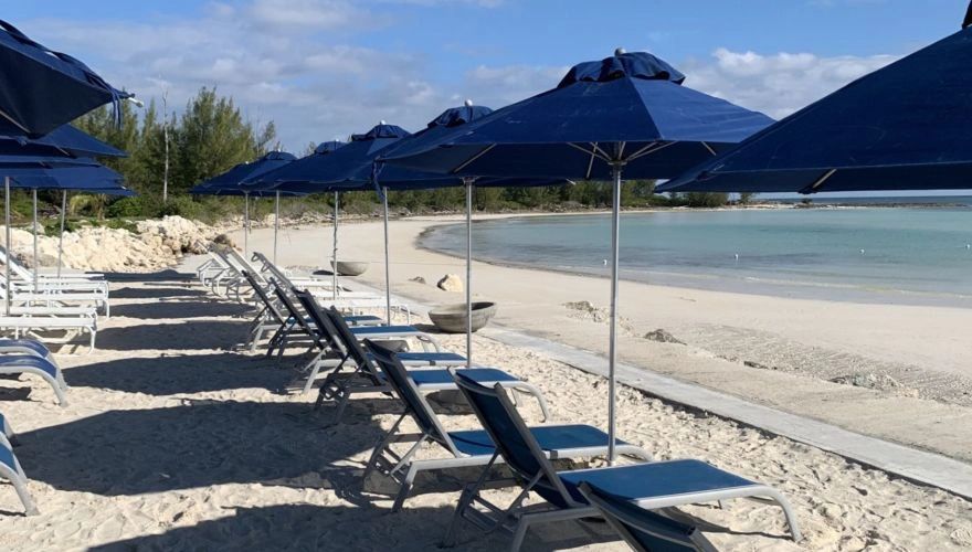 Beach chairs with umbrellas aligned on a sandy shore.