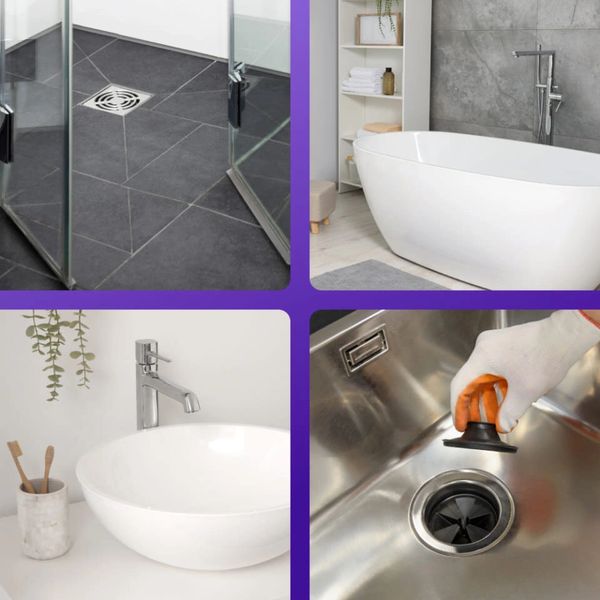 Four images showing modern bathroom fixtures and drain cleaning.