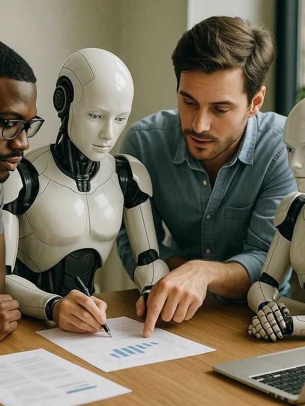 Two men collaborating with humanoid robots on business documents.
