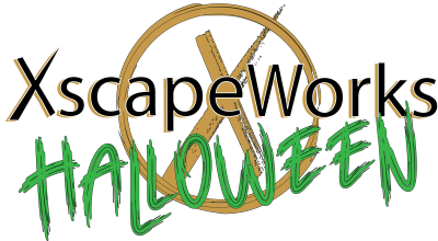 XscapeWorks Halloween logo with green and gold elements.