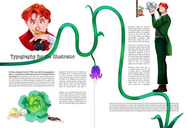A magazine spread with garden-themed spot illustrations, a red-head tends to flowers and a slug.