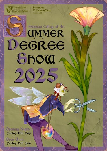 A poster advertising an exhibition. There is a fairy and a flower in the shape of a paintbrush.