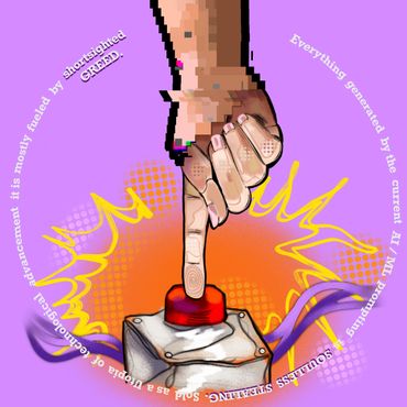 A half-pixelated hand reaching down with one finger extended about to push a big red button.
