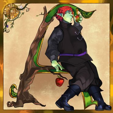 An illuminated Letter "A" formed by a tree and a character leaning against it eating an apple.