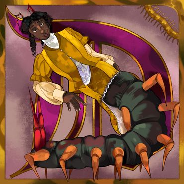 An illuminated Letter "D" formed by a half-woman, half-centipede character leaning in a 'D' shape.