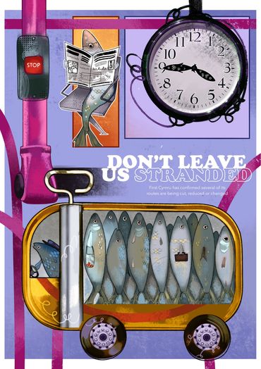 Spot illustrations of an old fish reading a newspaper and a sardine can bus crammed full of fish.