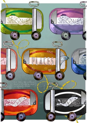 Sardine cans made to look like buses for fish. A fish peeks out of an empty bus, confused.
